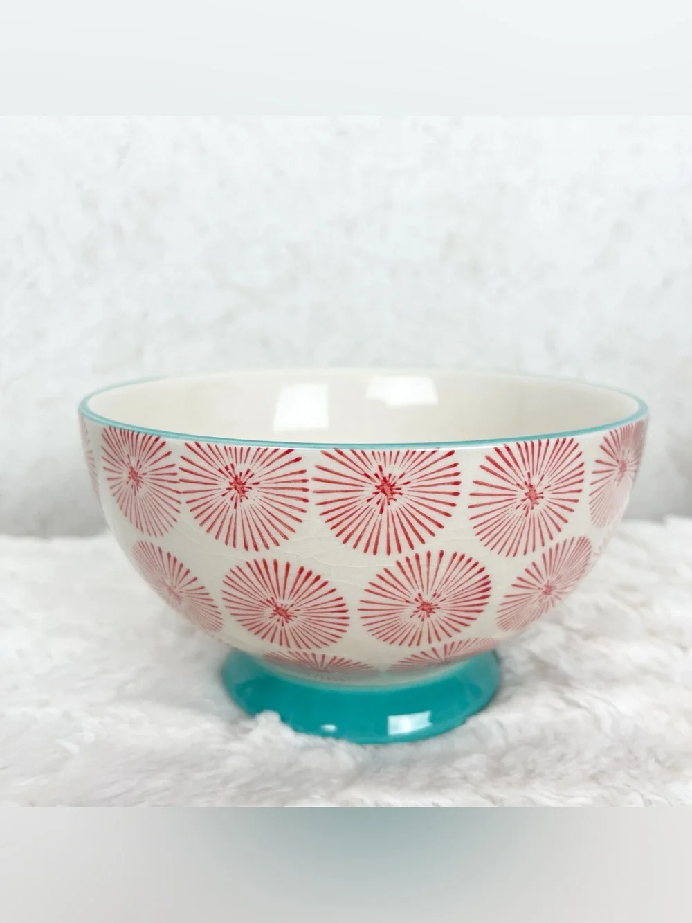 Pioneer Woman Happiness Footed Bowl Red Starburst Aqua Trim Whimsy Farmhouse